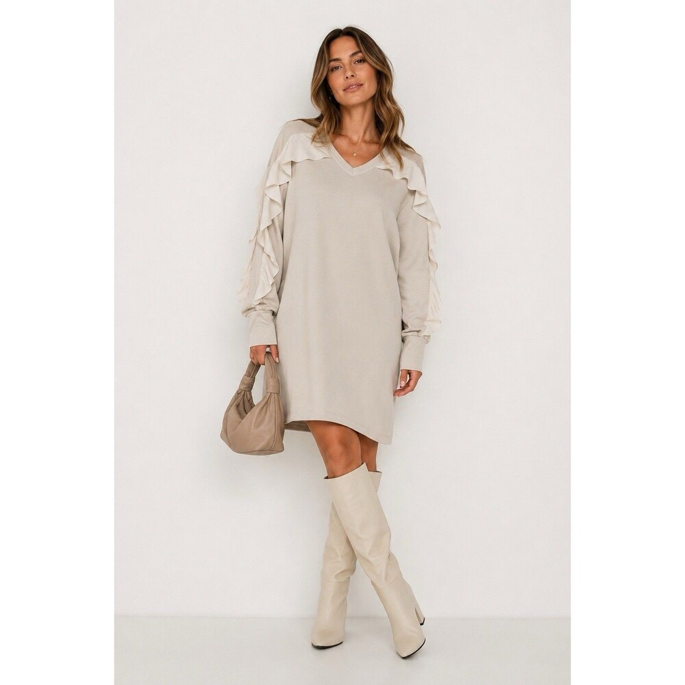 Lewitt Beige Ruffle Sleeve Sweatshirt Dress V-Neck Long Sleeve Shift Dress L
